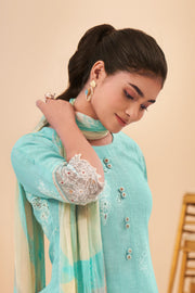 Cyan Pure Lilan Embroidery Work Straight Cut Suit